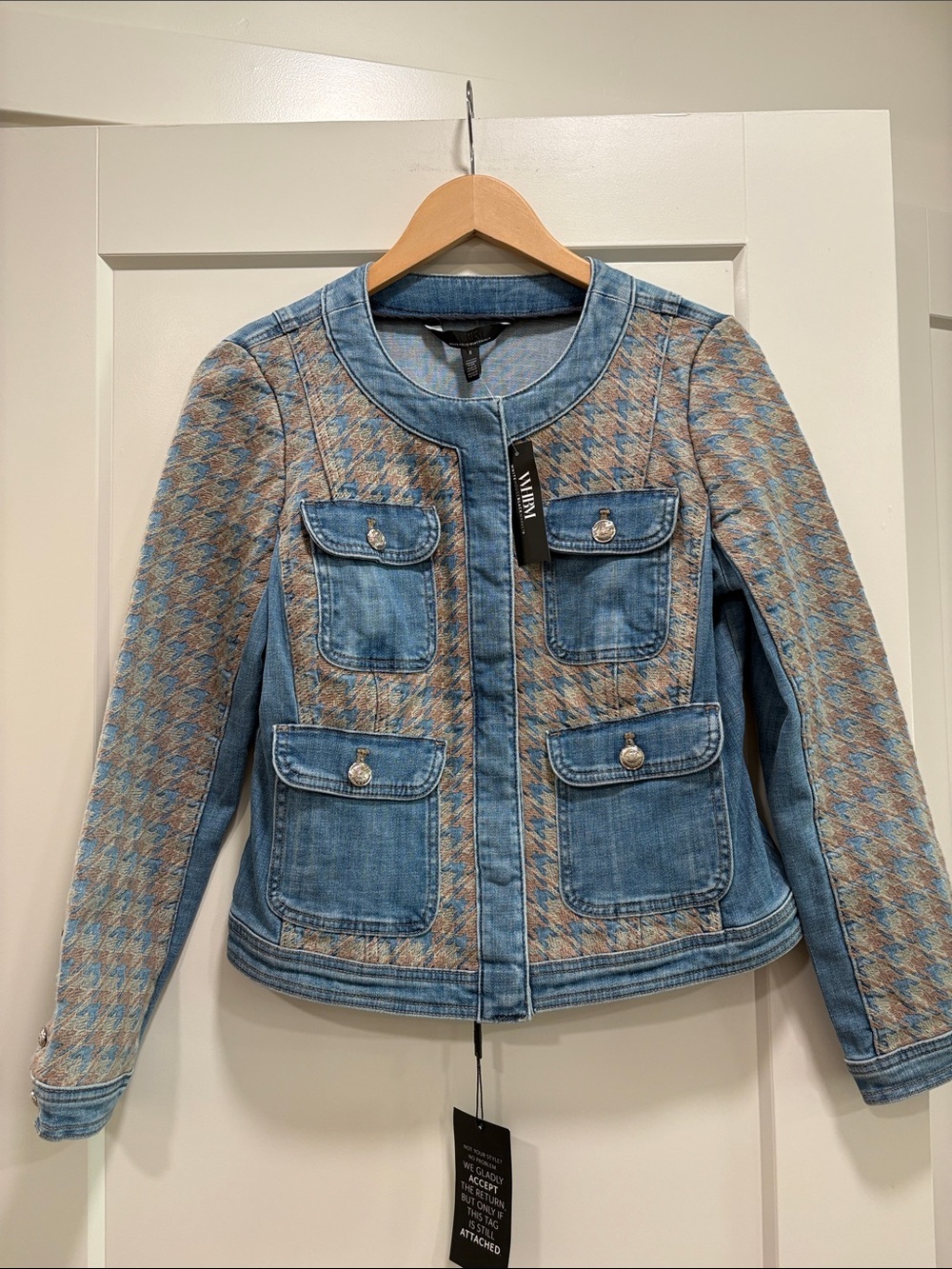 WHBM Denim Jacket Tweed Trim Designer Style Cropped Blue NWT $220–Size 8